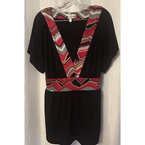 VTG Y2K Women's Babydoll Top Size 2X Black Abstract Print Tie Back V Neck